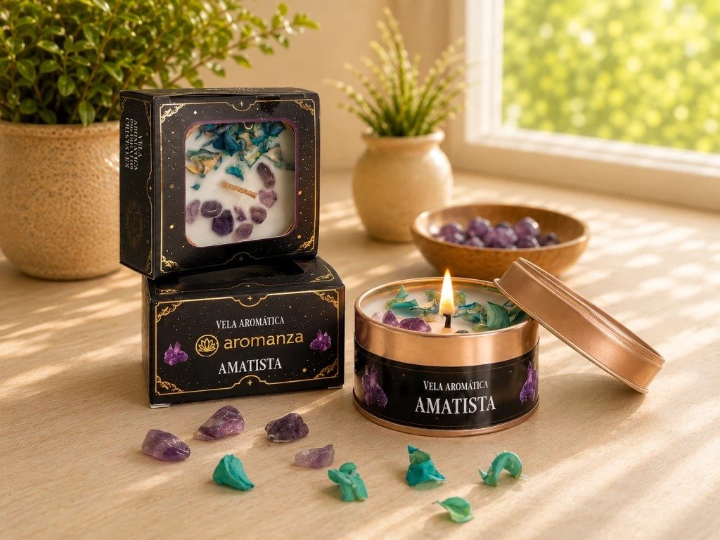 Vela Aromática Orgánica con Cristales AMATISTA